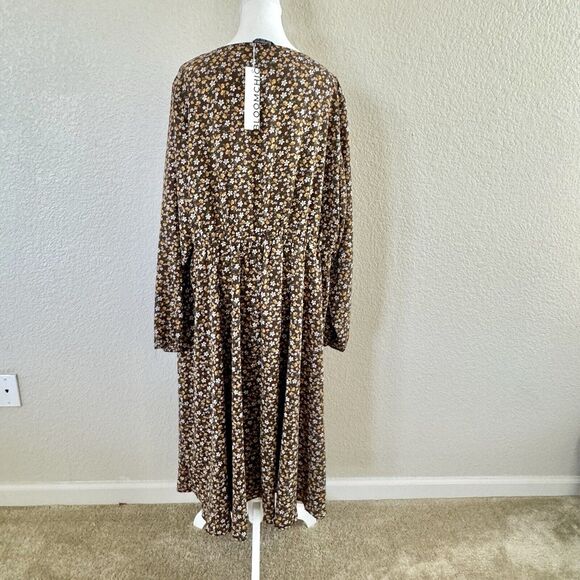 Bloomchic Prairie Dress Sz 22-24 Brown Floral Flutter Long Sleeve Ruffle Hem - Picture 4 of 14